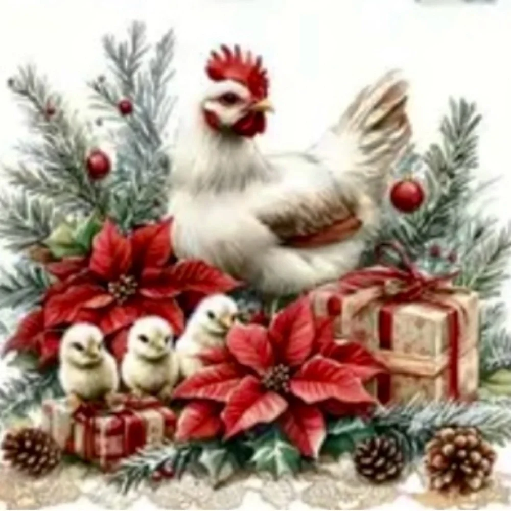 Merry Chicken Christmas SceneHandmade Circle Ornament‎